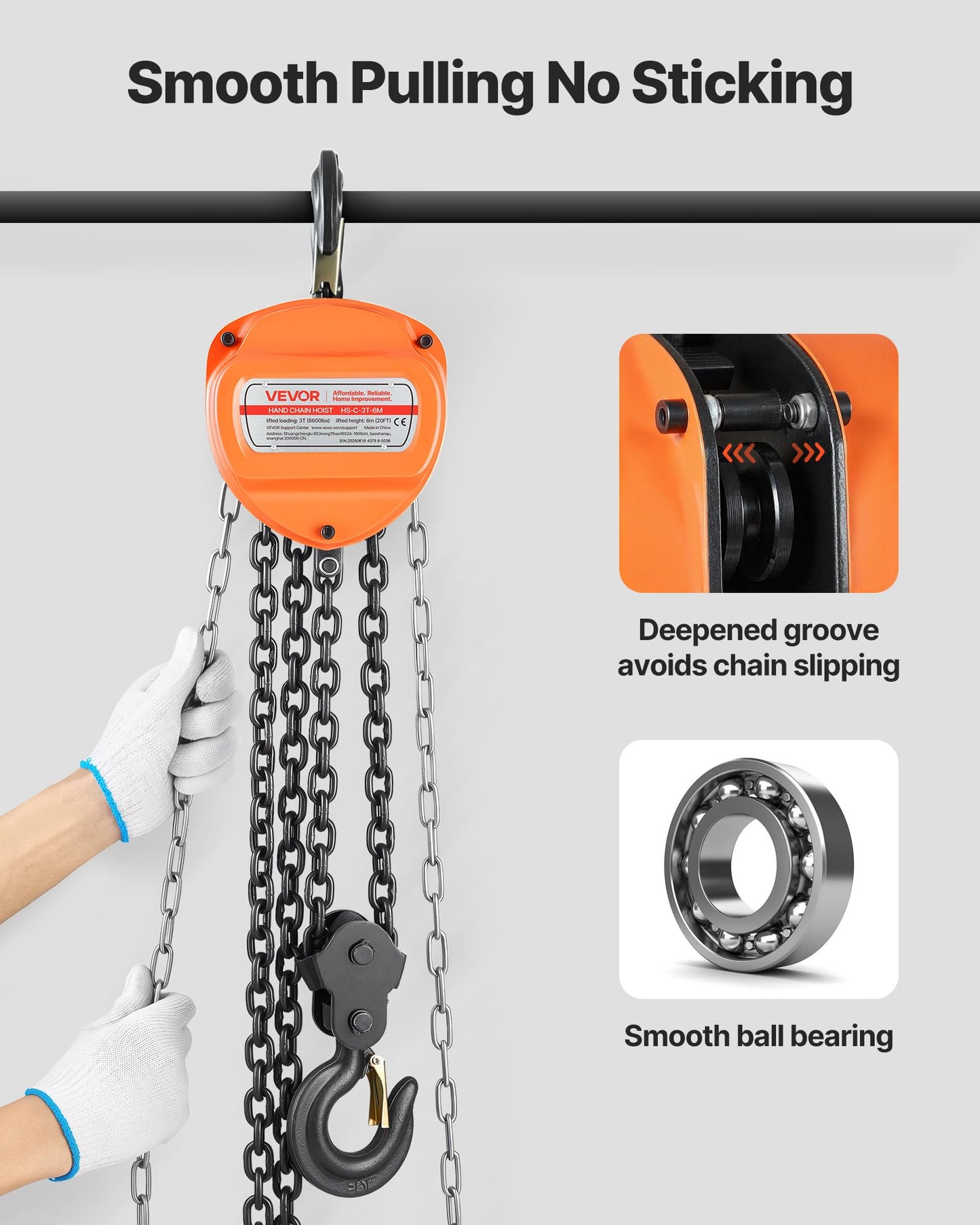 VEVOR Hand Chain Hoist, 3 Ton 6600 lbs Capacity, Manual Chain Block with Upgrade G80 Galvanized Chain, 20 ft Lifting Height, Heavy Duty Pulley Hoist for Garage Warehouse Automotive Machinery, Orange