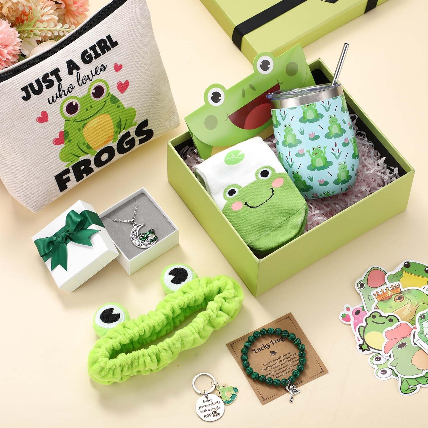 Landical 59 Pcs Frog Gift for Women Include Tumbler Mug Makeup Bag Sock Bracelet Necklace Scrunchie Wooden Ornament Greeting Card in The Gift Box for Birthday