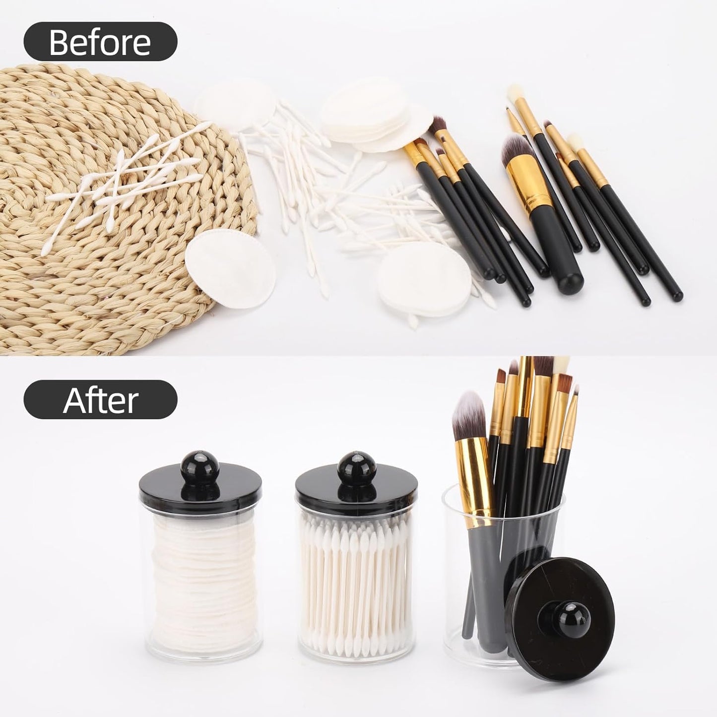 Tbestmax Qtip Holder - 10oz Plastic Apothecary Jar with Black Lid for Cotton Swabs & Pads | Black