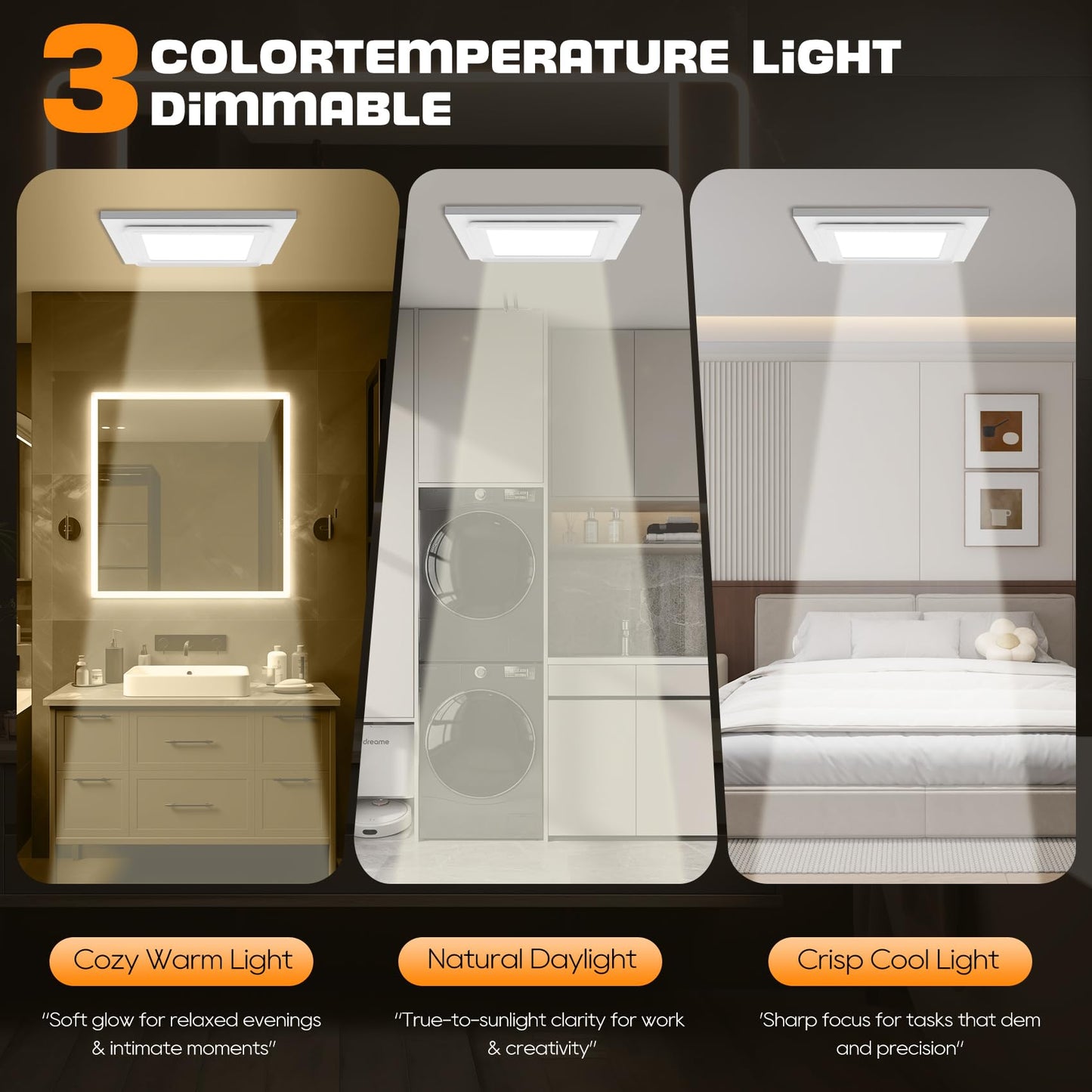 Gopper 12" Ultra Quiet Bathroom Exhaust Fan with 3500K LED Light, 1.0 Sone 120 CFM, 10x10 Mount, 1500 LM Ceiling Ventilation Fan, Energy Efficient (3500K LED-B)