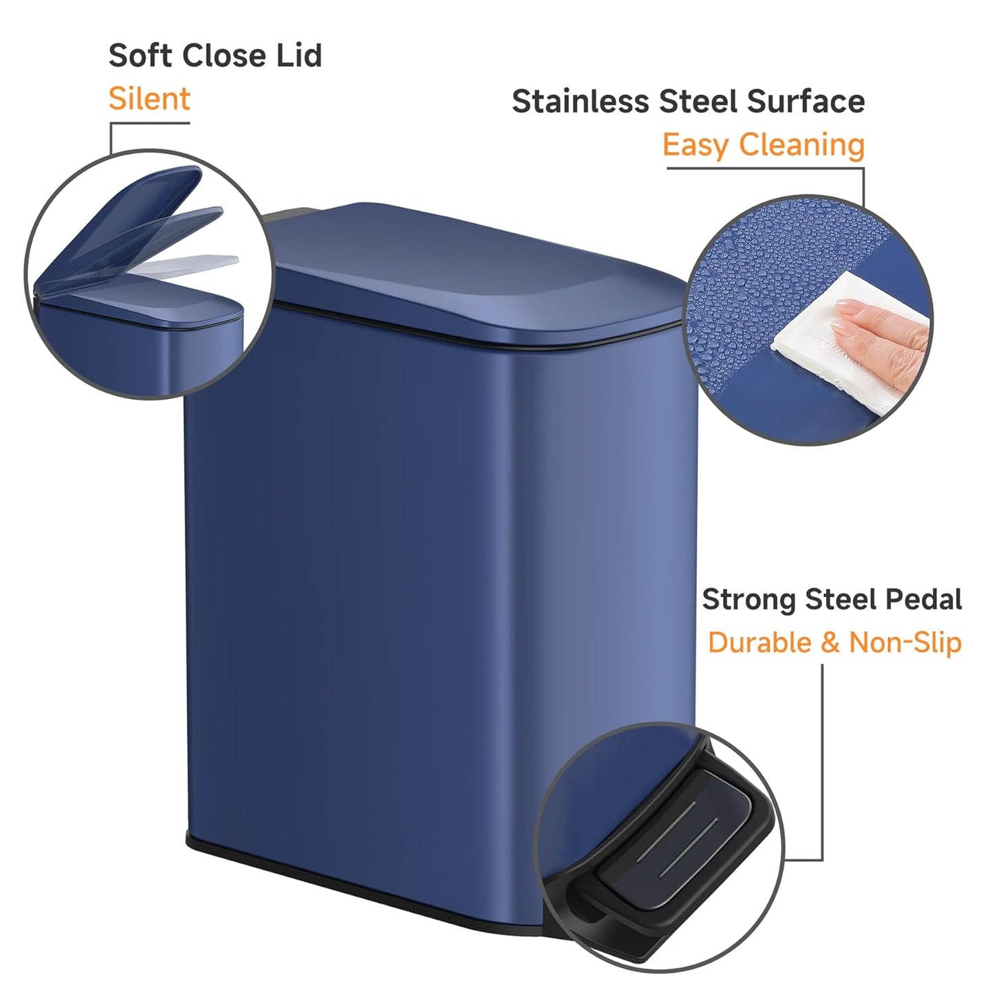 TIPGO Slim Bathroom Trash Can - Soft Close Lid & Step Pedal | 6 Liter Stainless Steel Bin in Navy Blue