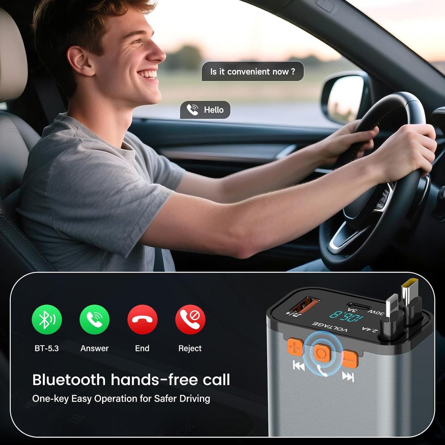 SEANCHEER 69W 2 5.3 Call,MP3 Car Bluetooth Adapter & Car Charger USB C, Cigarette Lighter Adapter with Retractable