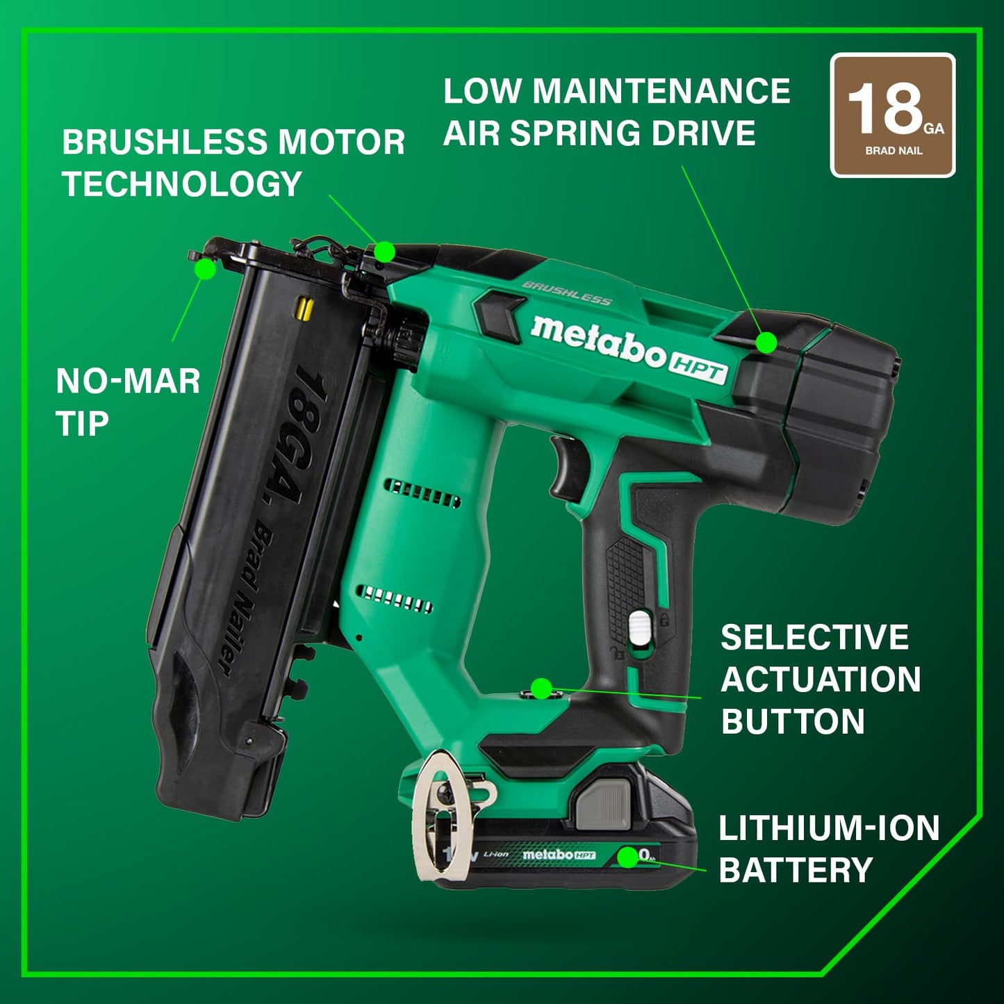 Metabo HPT 18V MultiVolt Brushless Compact Cordless Brad Nailer Kit, 18 Gauge Nailer with Power Tool 2.0Ah Lithium Ion Battery, Drives 5/8" to 2" Brad Nails, NT1850DFT