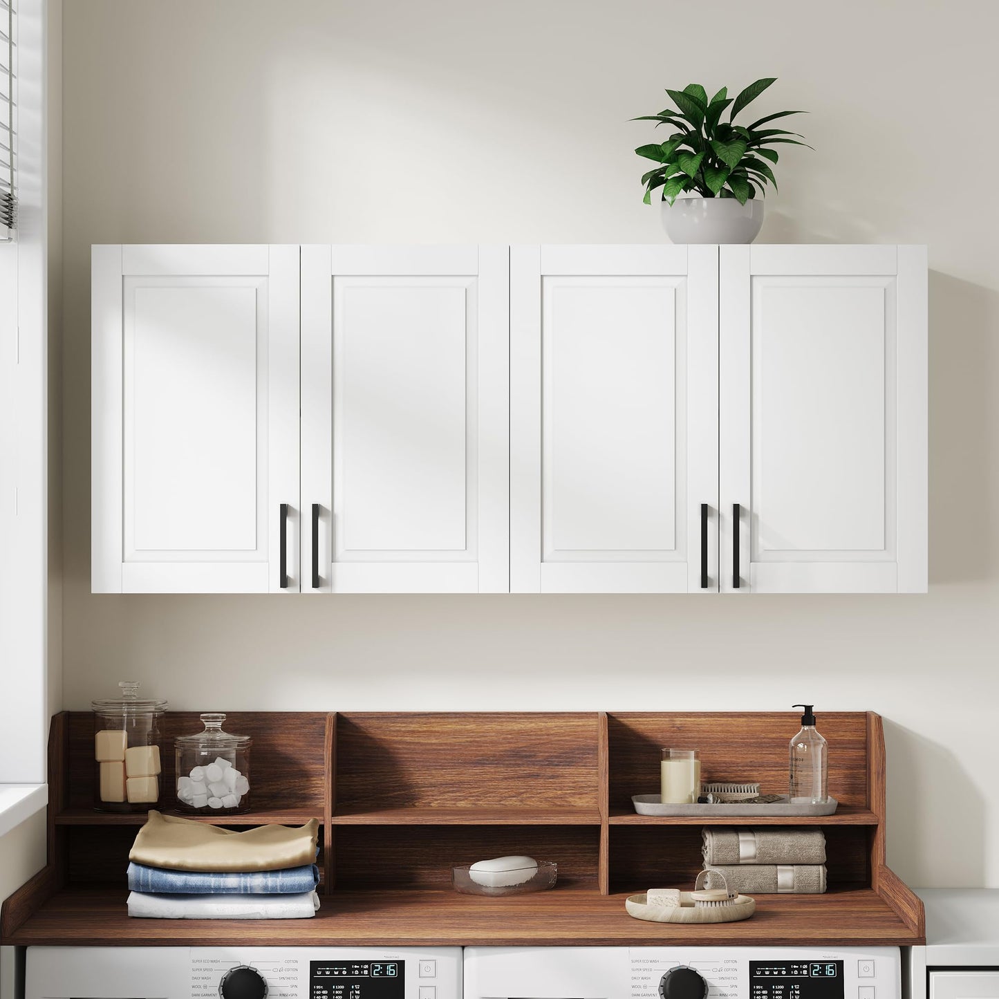 ChooChoo Laundry Room Cabinets, 4 Doors Wall Mounted Storage Cabinet, Kitchen Wall Storage, Bathroom Wall Cabinet, White