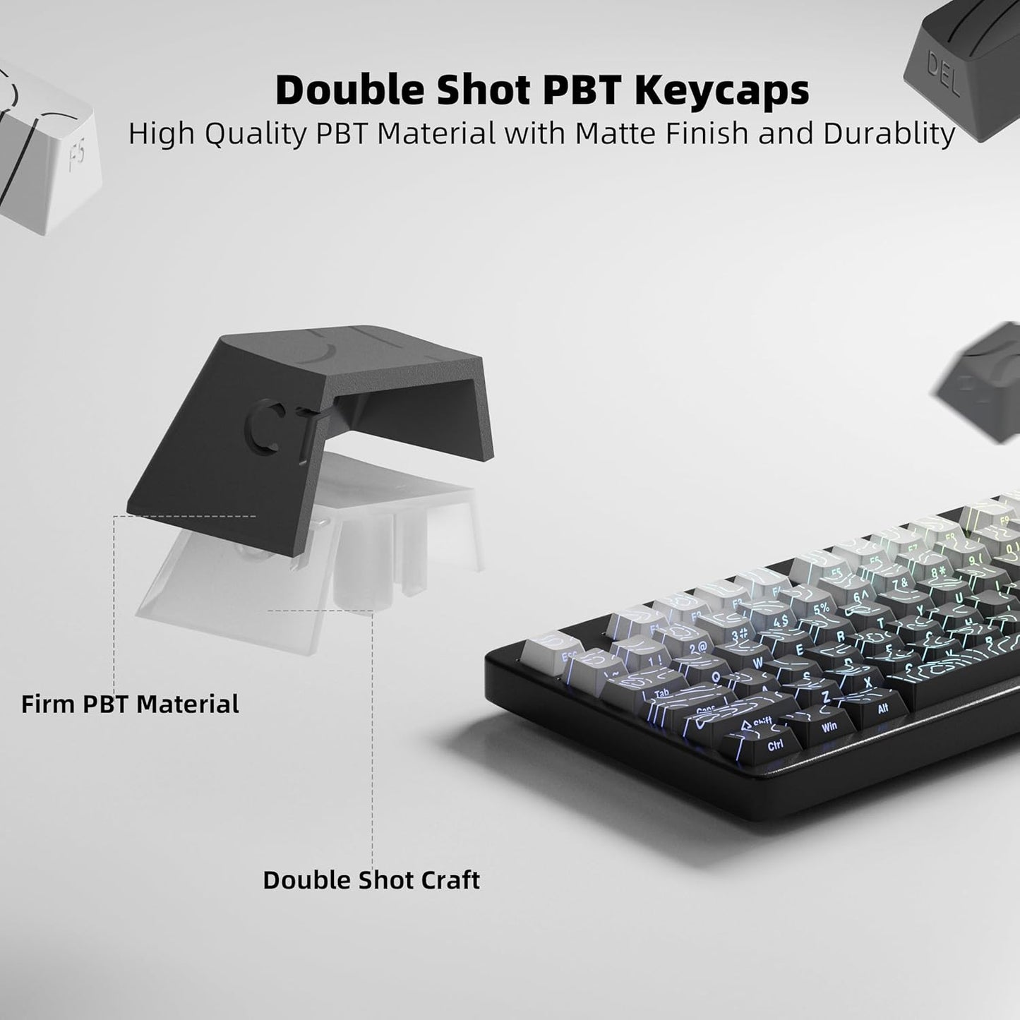 FunHub Set 133 60% 65% 75% 100% Shine Through PBT Keycaps - Black Double Shot Side Printed Backlit Keycaps Keys Cherry