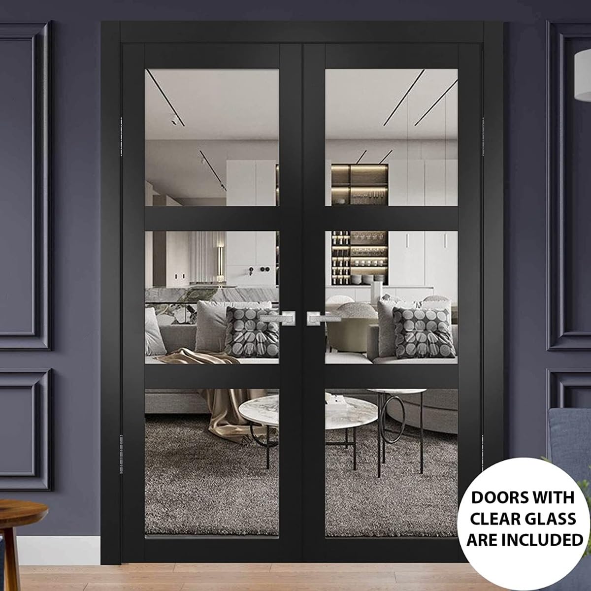 Interior Solid French Double Doors | Lucia 2555 Matte Black with Clear Glass | Wood Interior Solid Panel Frame Trims | Closet Bedroom Sturdy Doors -64" x 80" (2 * 32x80)-Clear Glass