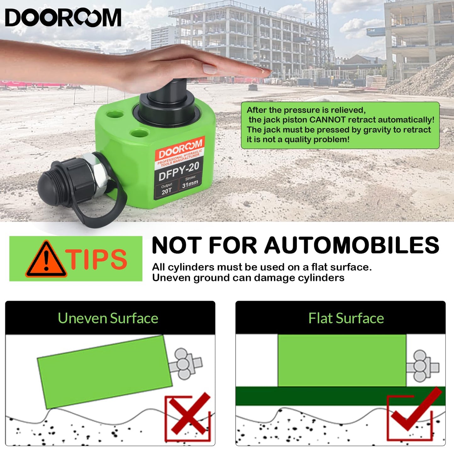 DOOROOM 20T 1.2"/30mm Stroke Portable Hydraulic Cylinder, Low Profile Hydraulic Jack Multi-Section Porta Power Ram Kits, Multi-Acting Lifting Cylinder with CP-180 Manual Hydraulic Pump