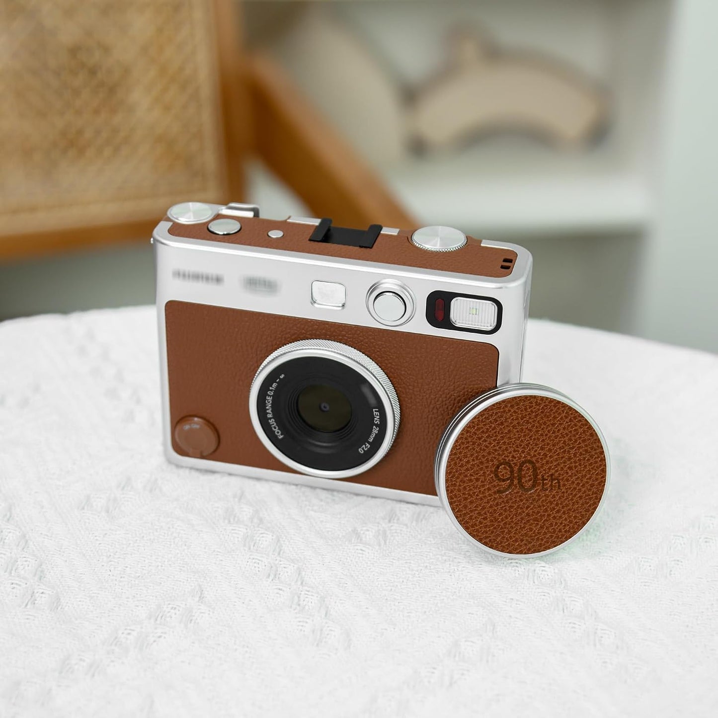 JJC Retro Leather Lens Cap for Fujifilm Instax Mini EVO, Brown Aluminum Anti-Dust Anti-Scratches Lightweight Camera
