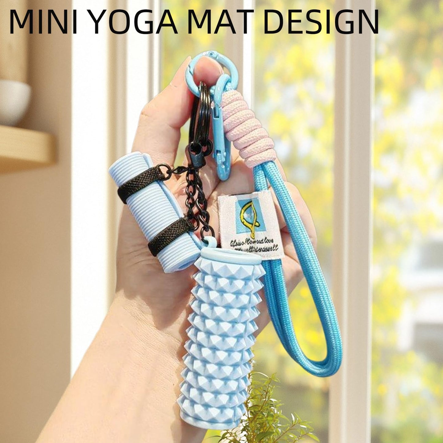 TECHPLUS Mini Yoga Mat Foam Roller Keychain Bag Charm with Wristlet Lanyard - Gym Bag Accessory Gift for Women and Yoga Lovers (Blue)