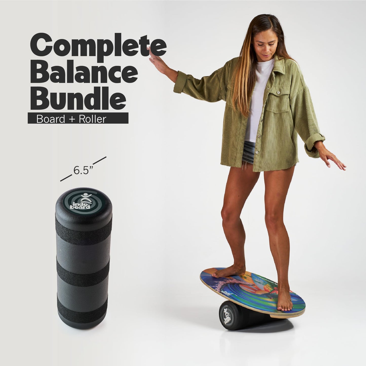 The Original Indo Board - Balance Board Trainer for Core Strength, Stability & Athletic Performance - Surfing, Skateboarding, Snowboarding, Yoga, Physical Therapy & More. Includes Board and Roller. "Bamboo Beach" Design.