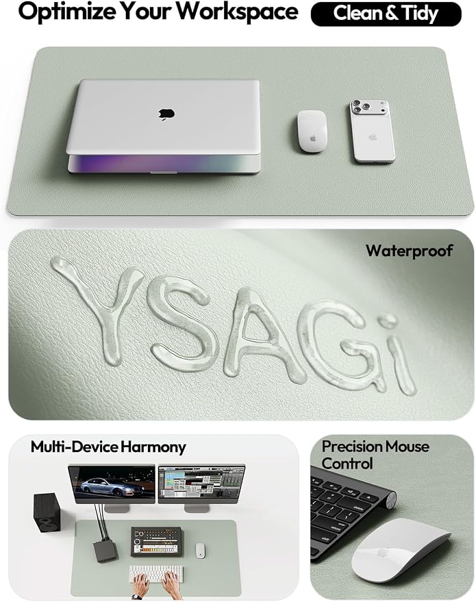 YSAGi Leather Desk Protector, Office Mat, Large Mouse Mat, Non-Slip PU Leather Blotter, Laptop Pad, Waterproof Writing Pad for Office and Home (Grayish Green, 31.5" x 15.8")
