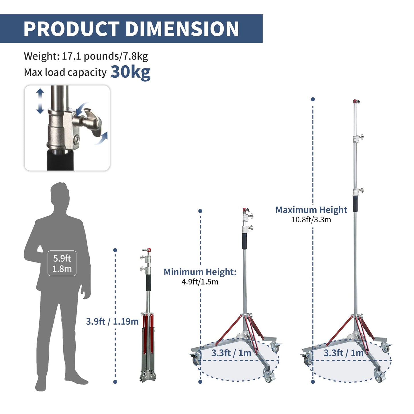 Kate Heavy Duty 10.8ft Light Stand with Casters, Adjustable Reinforced Stainless Steel Light Stand Tripod with 3 Wheels for Professional Studio Photography for Softbox, Monolight, Reflector