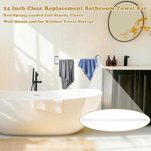 Earthtec 24 Inch Clear Adjustable Replacement Bathroom Towel Bar Rod Spring Loaded End Sturdy Plastic Wall Mount and for Kitchen Towel Storage Replacement Towel Bar for Ceramic Holder