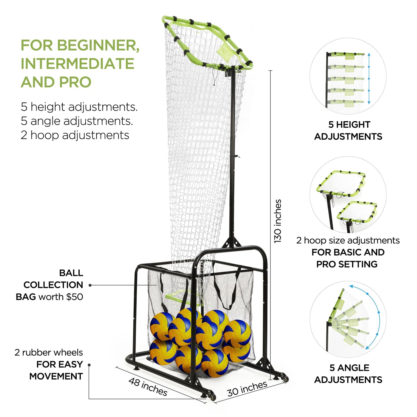 Volleyball Setter Training Equipment Volleyball Setting Trainer Setter Net with 2 Target Hoop Size 5 Angle and Height Adjustments Ball Collection Bag