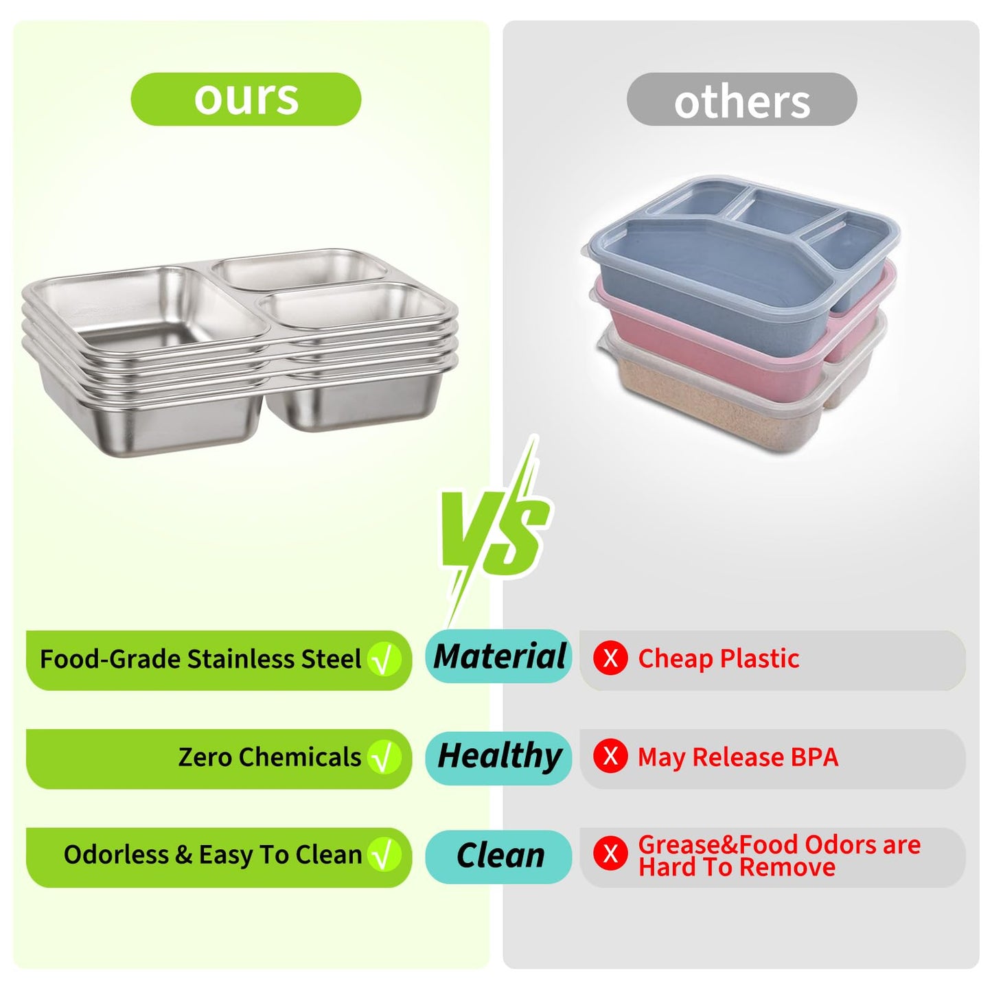 PTYTIFY Stainless Steel Bento Box, 3 Compartments Leakproof Stainless Steel Snack Containers, 25 oz Premium 304 Metal Lunch Box for Adults, BPA-Free, Dishwasher Safe (Blue)