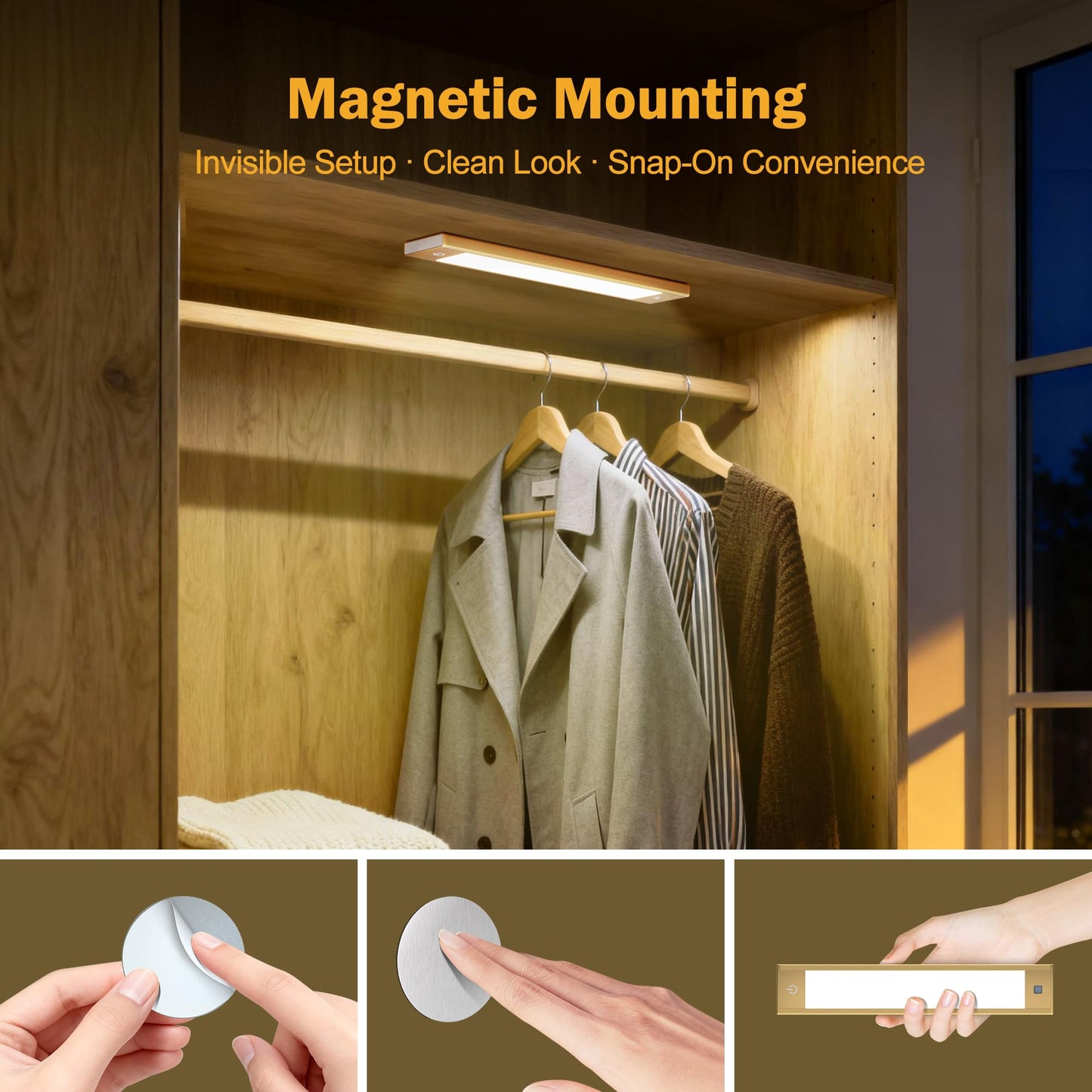 V4light Rechargeable Motion Sensor Under Cabinet Light, Magnetic LED Bar with 1500mAh, Gold Aluminum Accent Lighting, Dimmable 3 Color Temperatures for Kitchen Cabinets, Shelves & Closets (9 in)