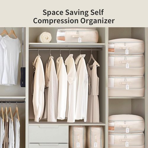 DIMJ Comforter Storage Bag 4 Pack - Blanket Storage Organizer Compression Bags, Large Capacity Ultra Space Saving Self Compression Organize for Bedding, Pillow, Duvet, Sheet Storage with Zipper Window