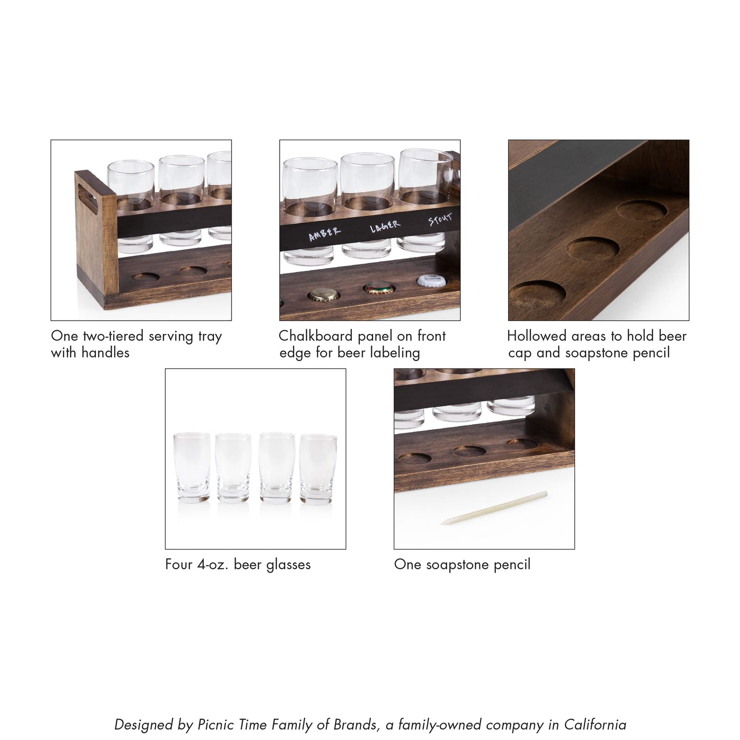 PICNIC TIME Craft Beer Flight Beverage Sampler, Beer Glasses Set, Gifts for Men, Bar Glasses Drinking Set with Carry Handles, Hollowed Areas, and Chalkboard Panel for Home and Bar, (Acacia Wood)