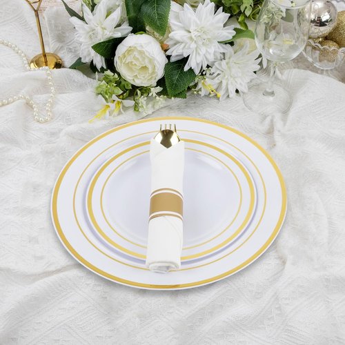 M MCIRCO Gold Dinnerware Set - 350 Pieces with 100 Plastic Plates, 50 Cups & Silverware for 50 Guests
