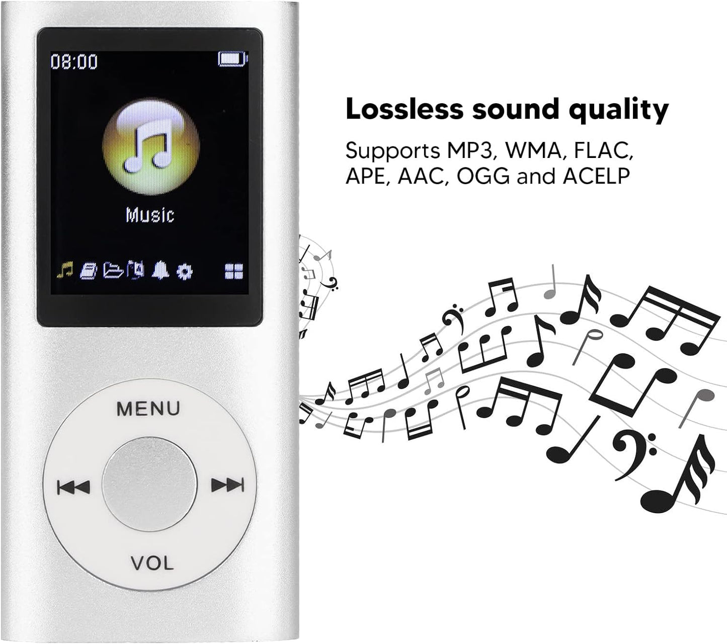 Estink MP3, MP3 1.8inch MP3 Mini Portable Stylish Multifunctional Lossless Sound Slim Music Player, Large LCD Screen