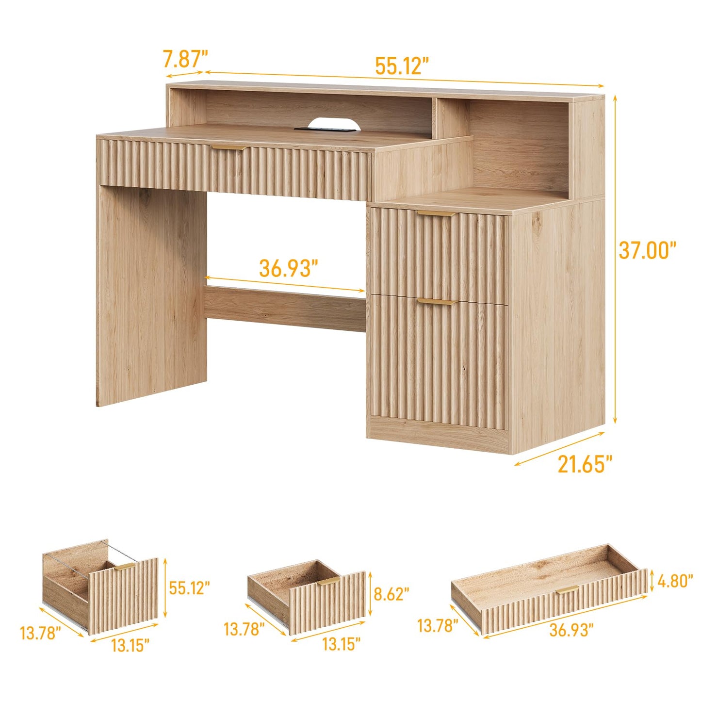 Vabches Fluted Computer Desk with Drawers, Home Office Desk with Power Outlets, Printer Stand and Storage Cabinet, Study Writing Desks with Long Monitor Stand, Oak