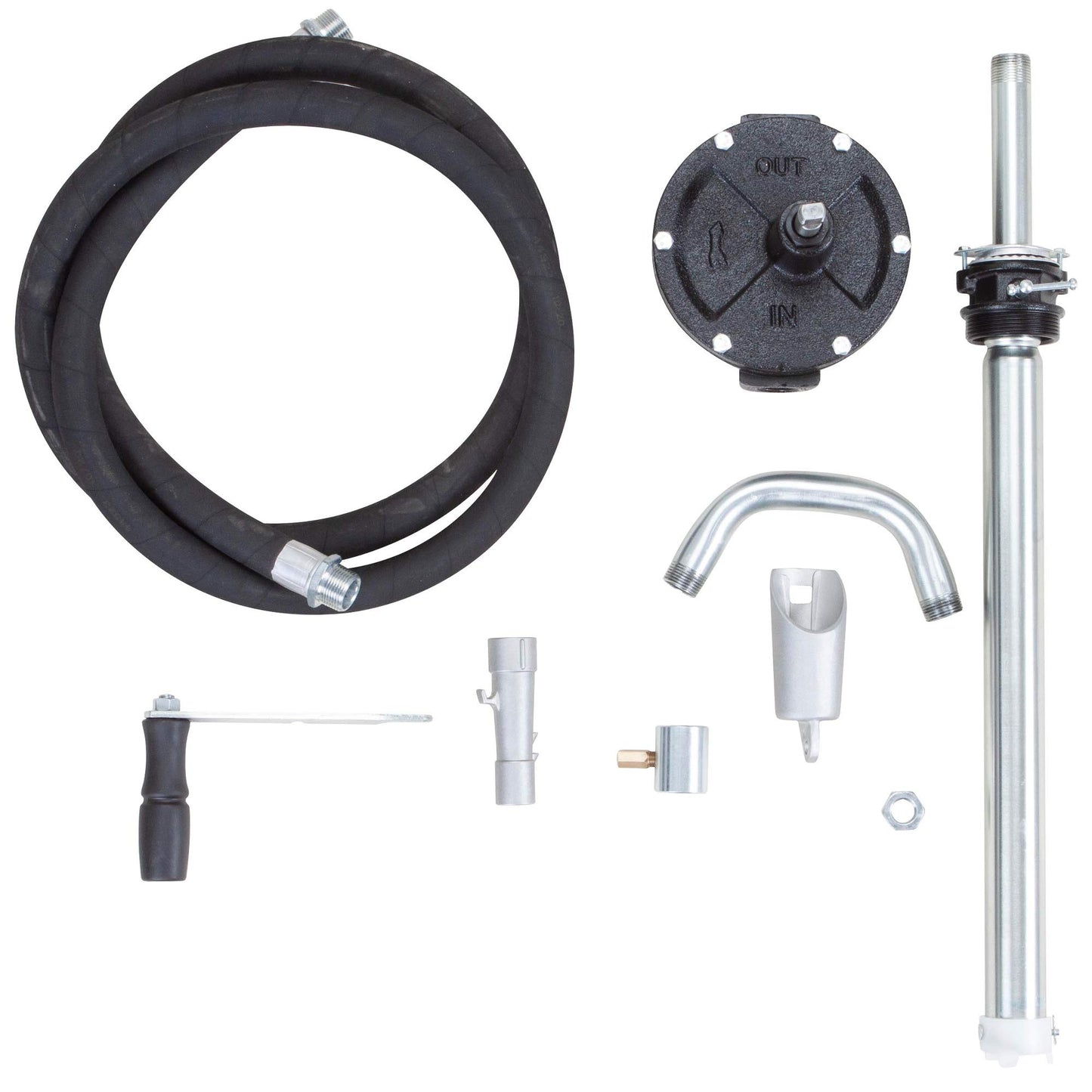 Groz Industrial Rotary Fuel Pump, FM-Approved Cast Iron, 3-Vane, 38 LPM/10 GPM, 8 ft Anti-Static Hose, Aluminum Nozzle, Vacuum Breaker & Flame Arrestor, 2 in Bung, Fits 15-55 Gal Drums (44082)