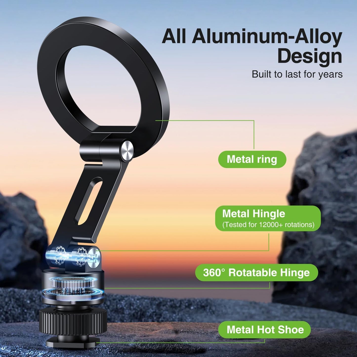 elitehood 360 1/4 180 Aluminum Magnetic Camera Phone Mount with Rotatable Cold Shoe Base, MagSafe iPhone Tripod Mount