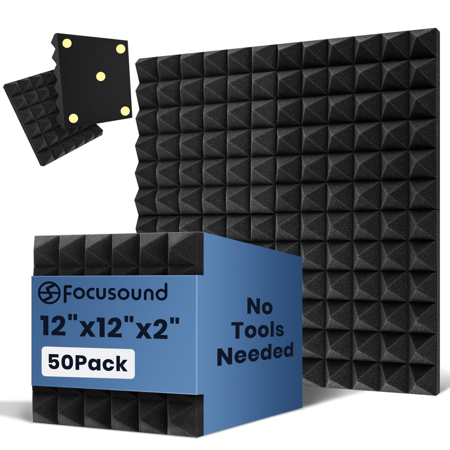 Focusound Acoustic Panels 50 Pack 2"x12"x12" with 300 PCS Double-Side Adhesive - Sound Proof Pyramid Foam for Walls, Home Studio Noise Absorption & Echo Control Kit
