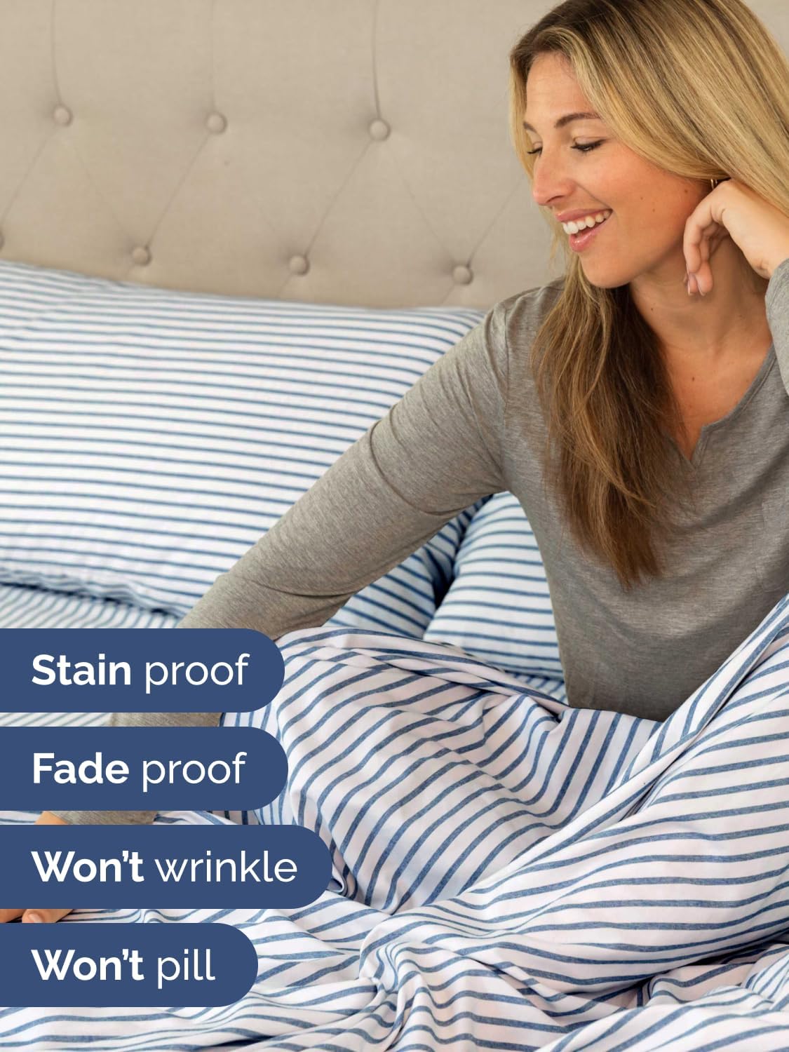 Skiennix Extra Deep Split King Sheet Set - 7 Piece Breathable Cooling Bedding - Soft Wrinkle-Free Blue Stripes