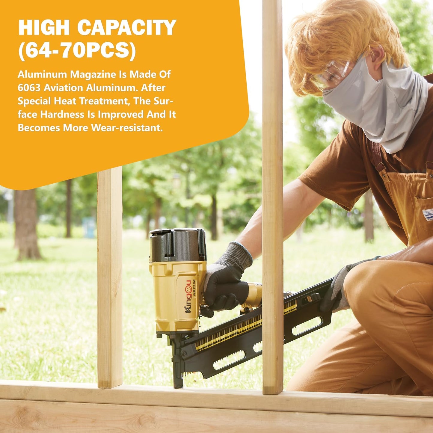 KingOu NR2190 21 Degree Plastic Strip Framing Nailer Aluminum Magazine （ Covers The Functions Of NR2183 Framing Nailer) Can Use 3.5 Inch Length Nails