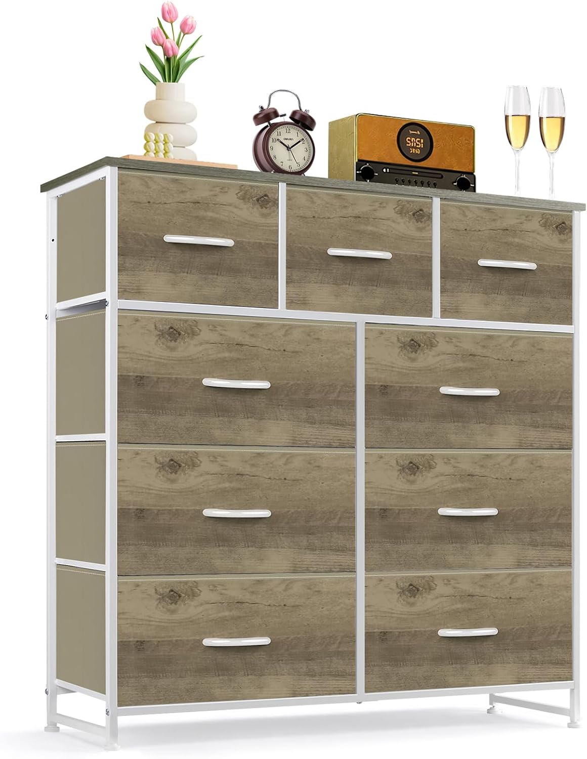 Skiennix 9-Drawer Dresser - Anti-Tip Tall Storage Organizer with Wooden Top & Metal Frame | Greige Oak