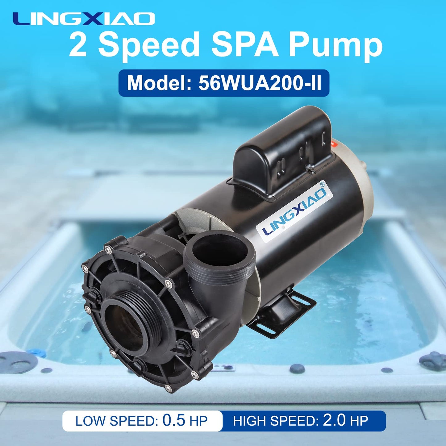 LINGXIAO WUA200-II SPA Pump, 2 Speed Hot Tub Pumps 2HP - LX SPA Pump Motor 220V-240V, 2" Port, 56 Frame (Mode:56WUA200-II）