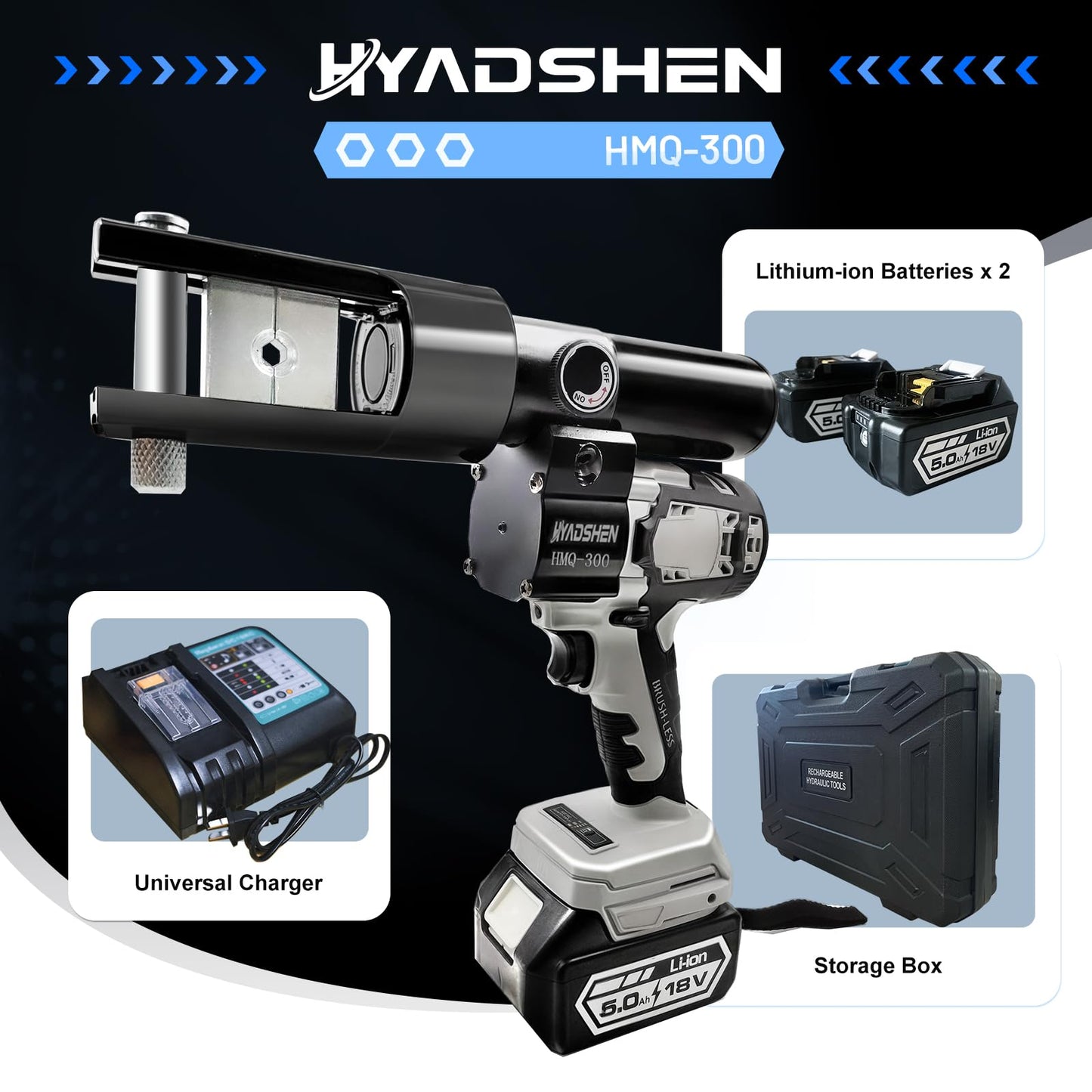 HYADSHEN Electric Hydraulic Cable Lug Crimping Tool, Hydraulic Electrical Terminal Cable Lug Wire Crimper Rechargeable Crimping Tool Kits with 11 Dies, 6 AWG to 600 MCM（HMQ-300）
