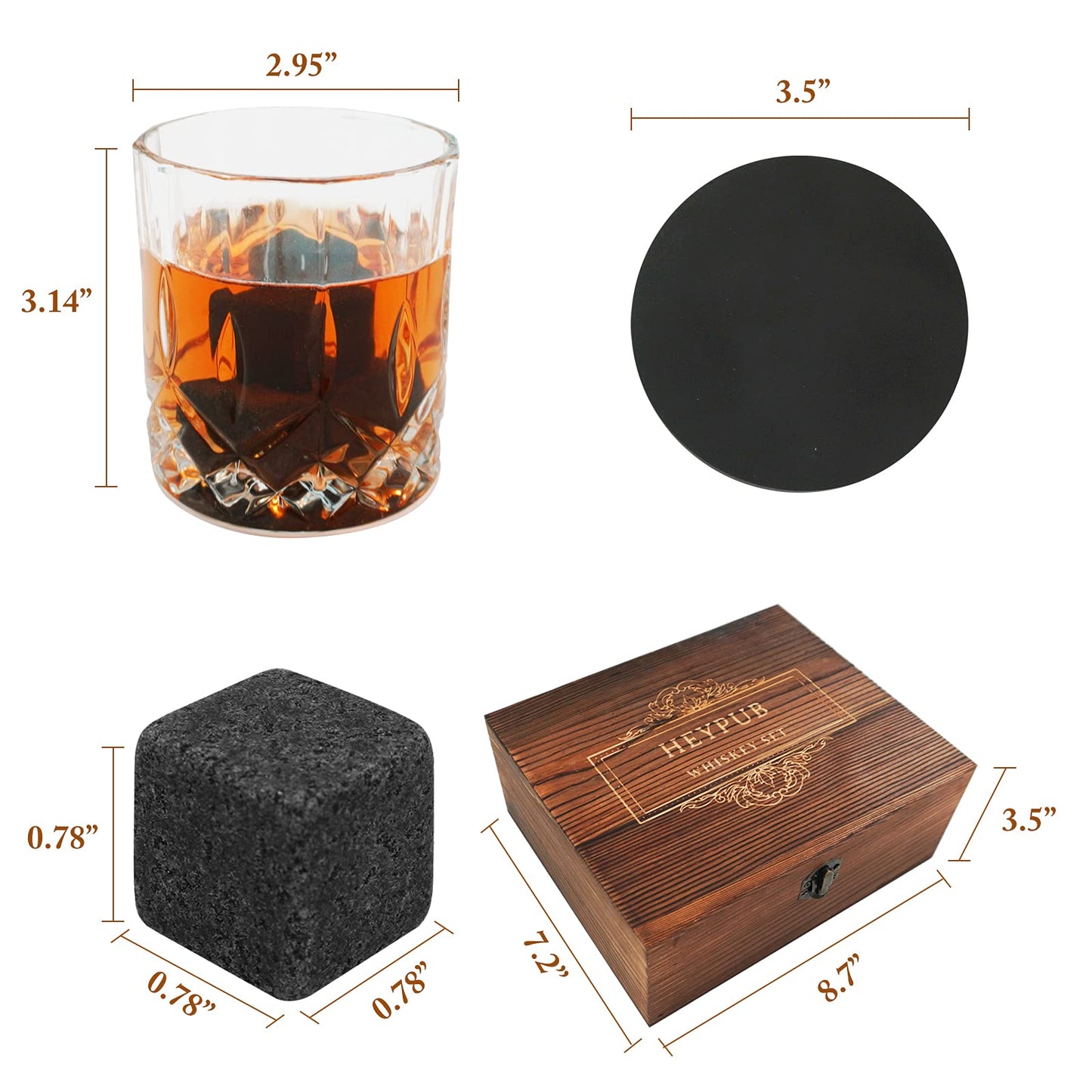 HEYPUB Whiskey Stones Gift Set,Whiskey Glasses Set 8 Granite Chilling Whisky Rocks, 2 Bourbon Glasses,Best Drinking Gifts for Men Dad Husband Birthday Anniversary Present，Plus 2 Free Coasters.