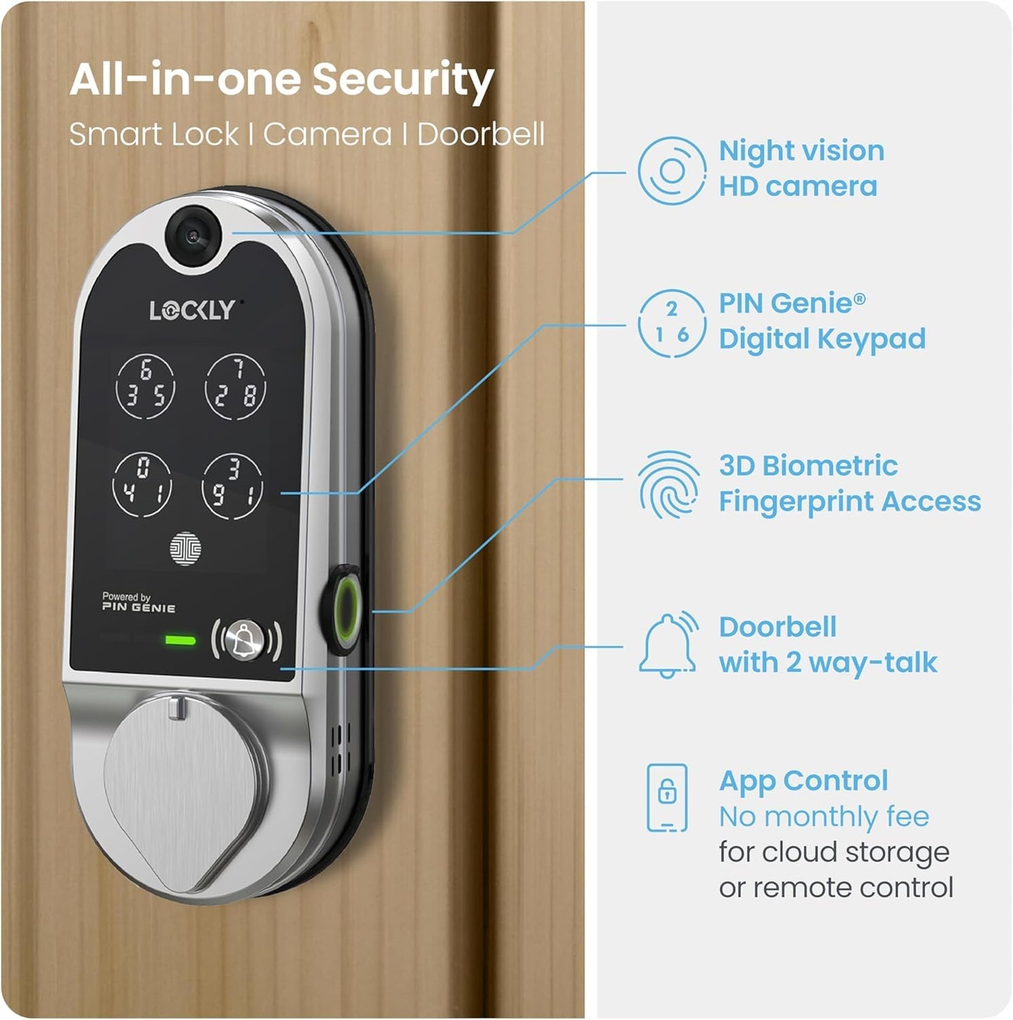 Lockly Vision Smart Lock, HD Video Doorbell Smart Locks for Front Door, Fingerprint Door Lock, Touchscreen Keypad, App Control, No Monthly Fee, Auto Lock