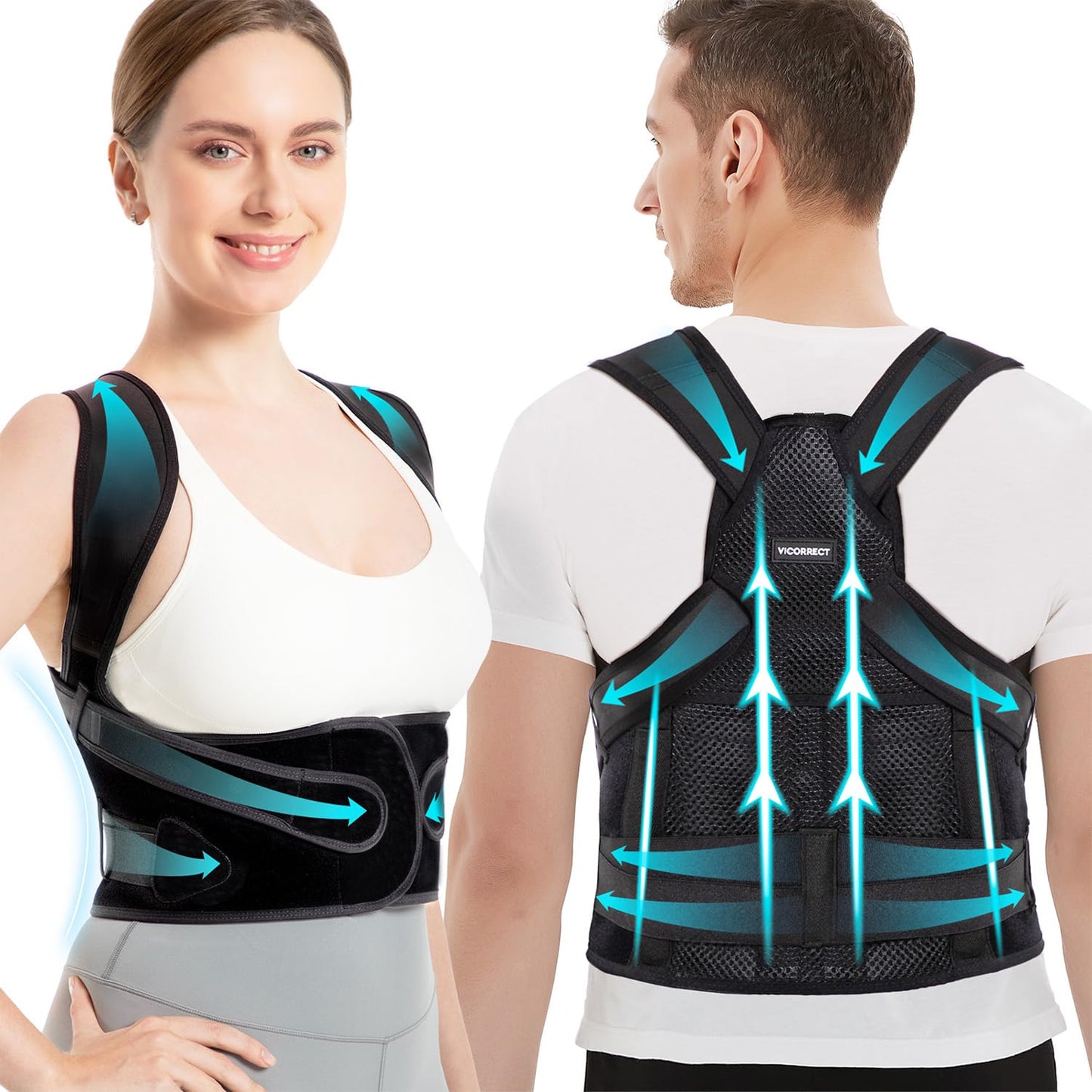 Vicorrect Posture Corrector for Women and Men: Back Support Brace Relieve Upper Back Shoulders Pain (Black, Large)