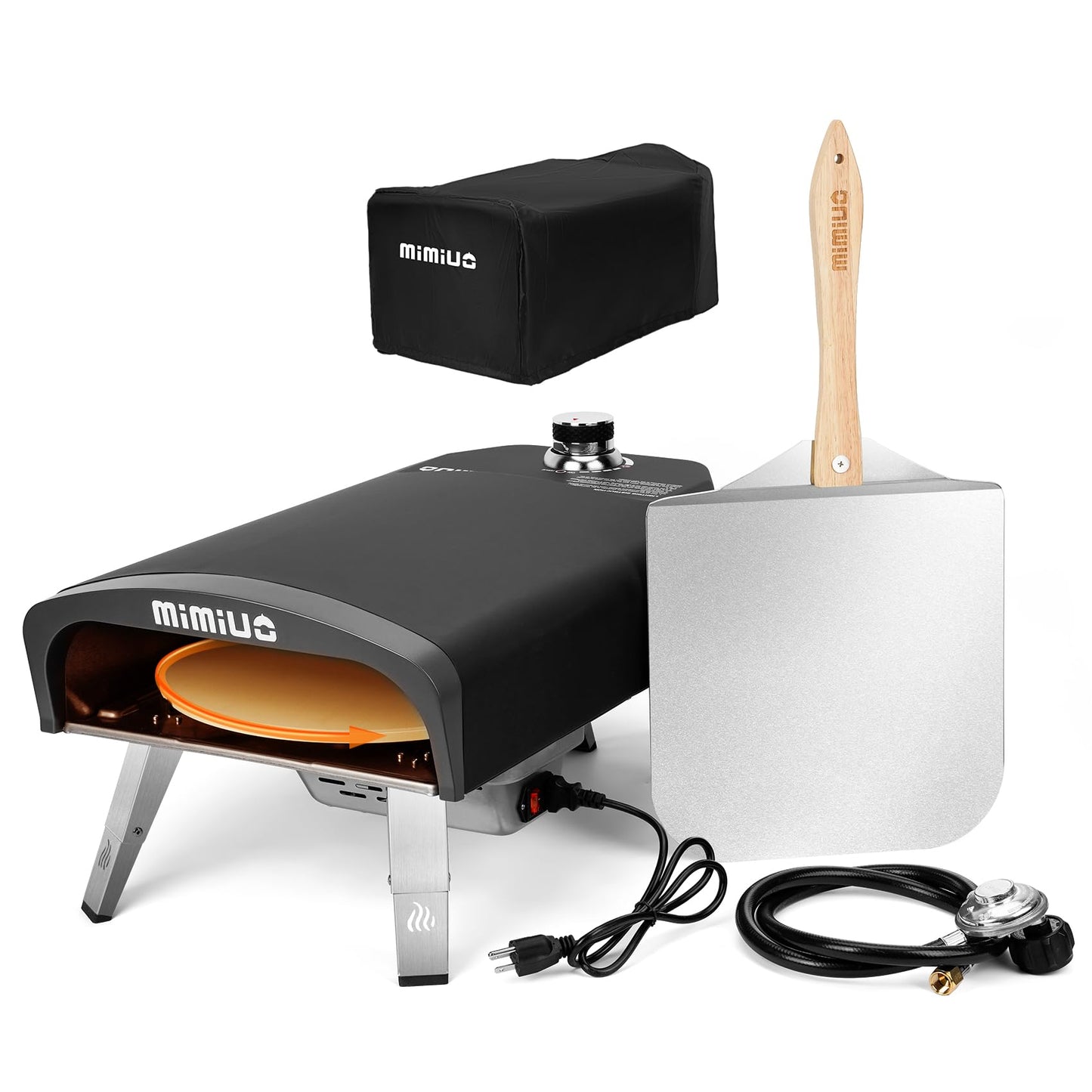 Mimiuo Outdoor Gas Pizza Oven with Automatic Rotating Stone - 39 lbs Heavy Duty Propane Pizza Stove 14 Inch for Backyard Camping, Bakes Pizza in 60 Seconds, Includes Pizza Stone, Peel & Cover