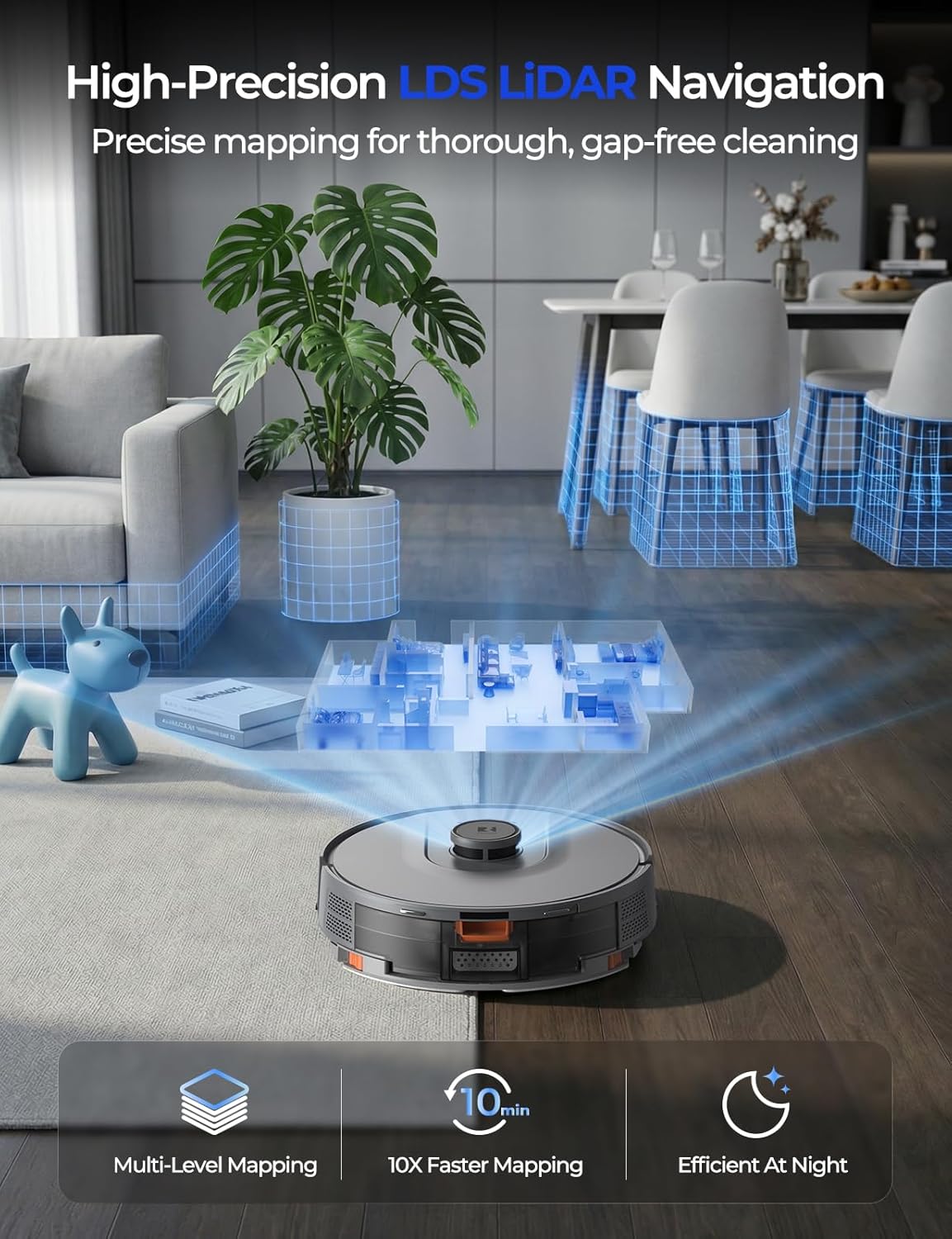 Skiennix Robot Vacuum - 20,000 Pa Power, Self-Emptying & Lidar Navigation | Gray R11 for Pets & Carpets