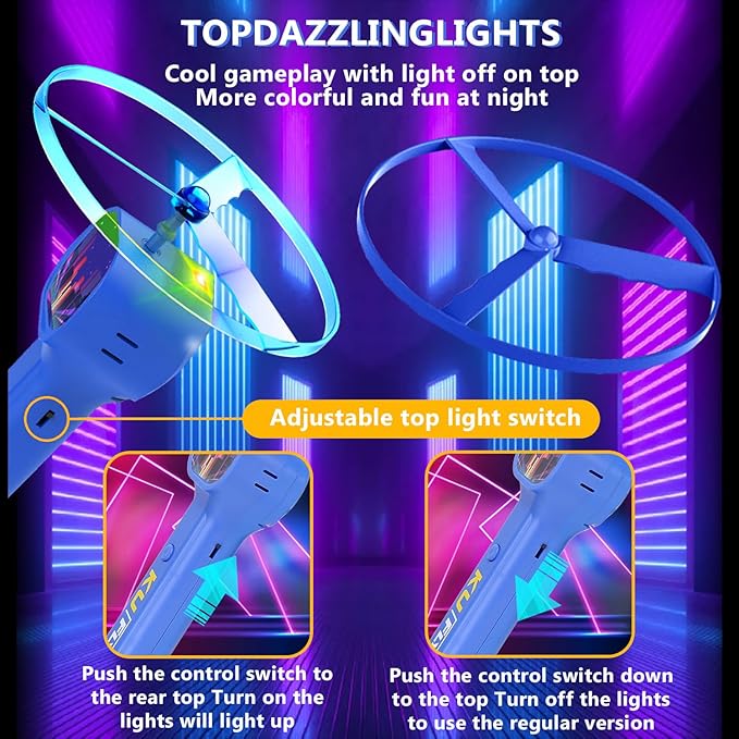 Yuzee Electric Flying Disc Launcher Toy - Outdoor Games Light Up Frisbee, with Light and 6 Flying Spinner, Rechargeable Transmitter Stick, Sports and Outdoor Summer Flying Toys for Kids and Adults (A)