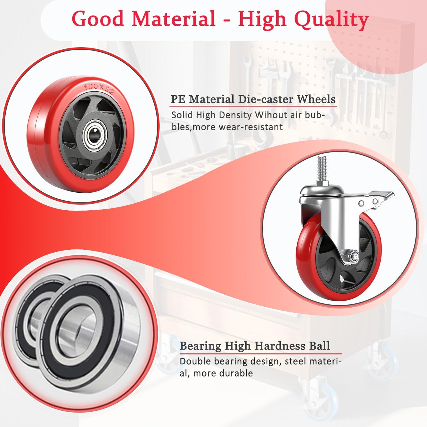 JULANG 4 inch Caster Wheels 1/2 Threaded Stem Casters Set of 4 Heavy Duty 2400lbs, 1/2"-20 x1.25(Stem Diameter 1/2", 20 Threads Per Inch, Length 1.25"), Industrial Castor Wheels for Cart,Furniture
