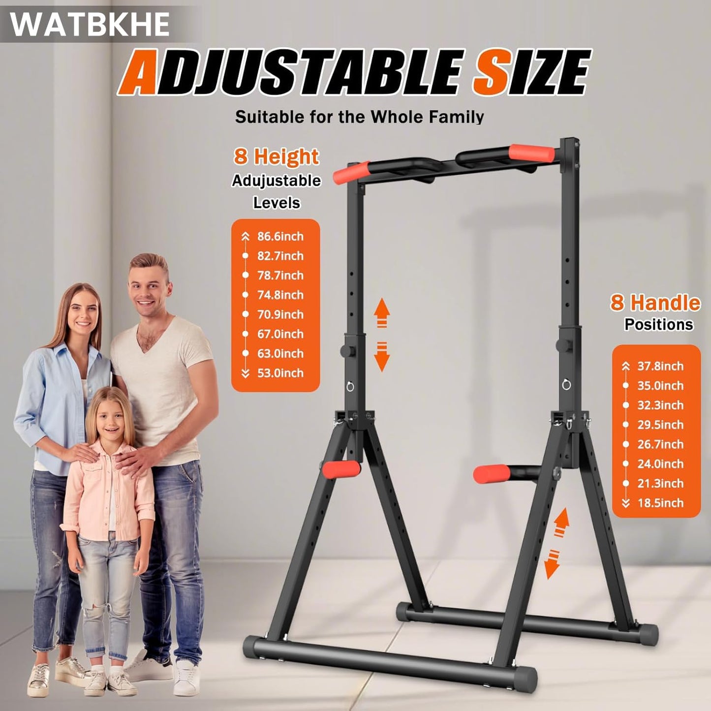 WATBKHE Foldable Power Tower Pull Up Bar Dip Station, Pull Up Bar Standing for Home Gym Adjustable Height, Multi-Functional Workout Equipment Strength Training Machine, Support 460LBS