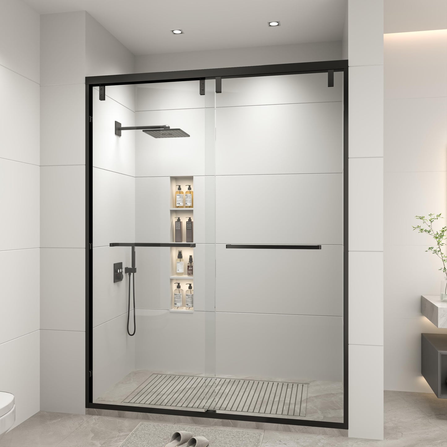 RFN 50-54" W x 76" H Framed Bypass Double Sliding Shower Door, 1/4" (6 mm) Easy-to-Clean Treated Clear Tempered SGCC Glass,Bathroom Door(Matte Black, 50-54" W*76" H)