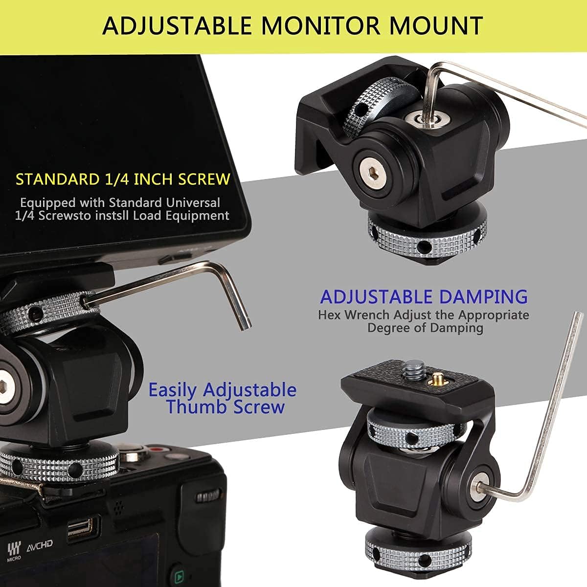 FOCPRO 5 inch 7 inch 360 180 DSLR Camera Field Monitor Mount Holder with Cold Shoe for and Monitor, Swivel and Tilt