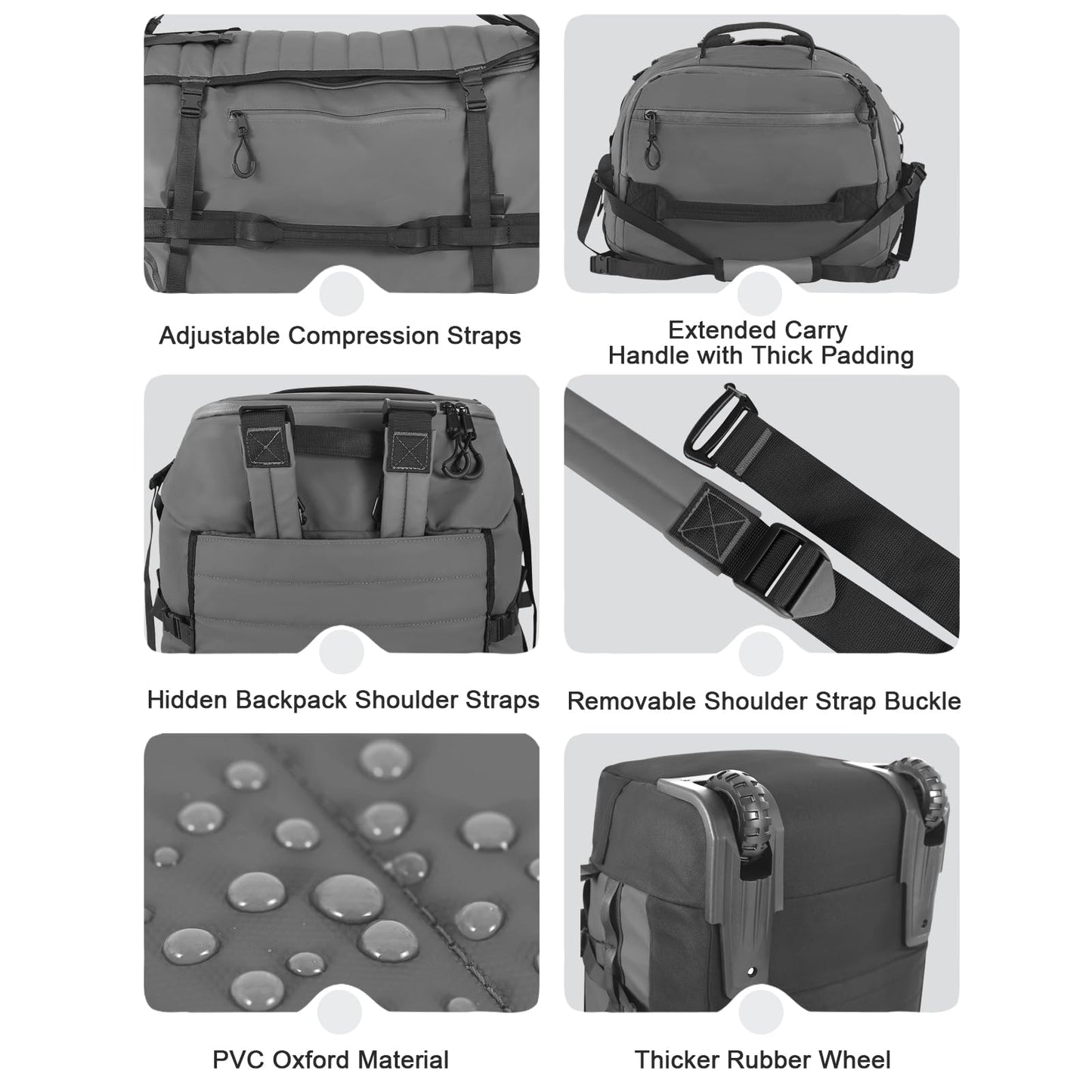 Vrtisa 85L 29“ Foldable Rolling Backpack with Wheels, Soft-side Travel Duffle Bag with Separate Shoe Compartment, Full Quilted Bottom, Grey