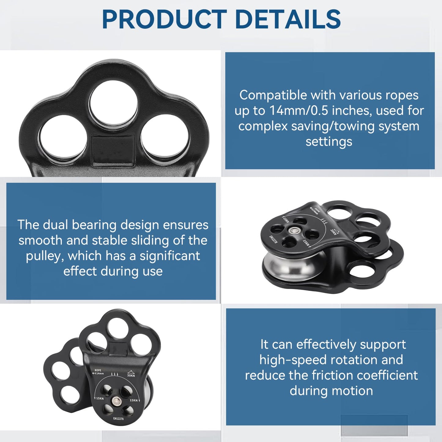 Climbing Pulley Climbing, 30KN Three Hole Side Plate Pulley Rope Climbing Pulleys for Rope, Rock Climbing, Rappelling, Zipline Sports, Compatible with up to 0.5in Ropes