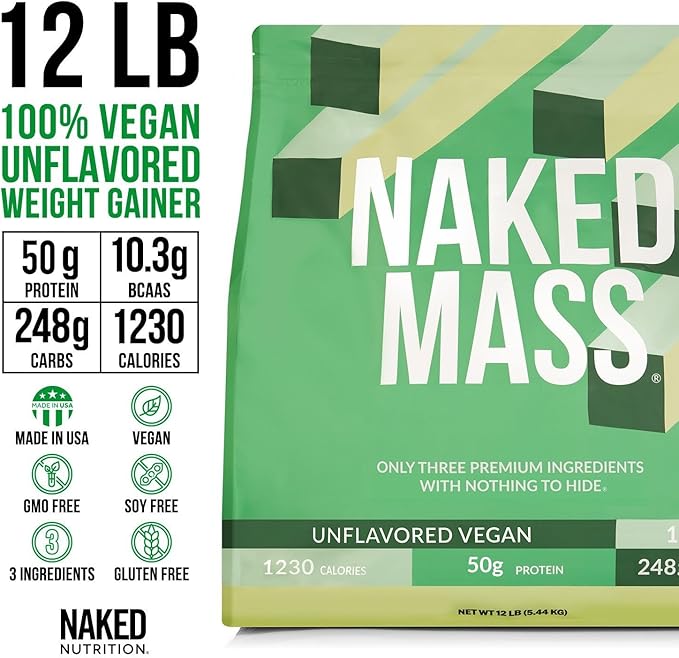 NAKED Vegan Mass - Natural Vegan Weight Gainer Protein Powder - 1,230 Calories, Non-GMO, Soy & Gluten Free, No Artificial Ingredients - 12LB Bulk - 17 Servings