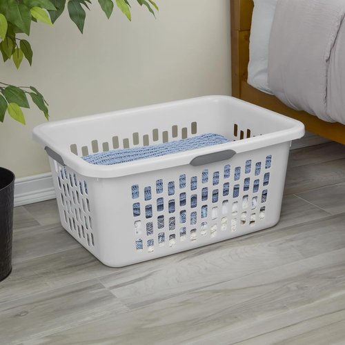 Large Plastic Laundry Basket - 4 Comfort Grip Handles, 2 Bushel Capacity, White