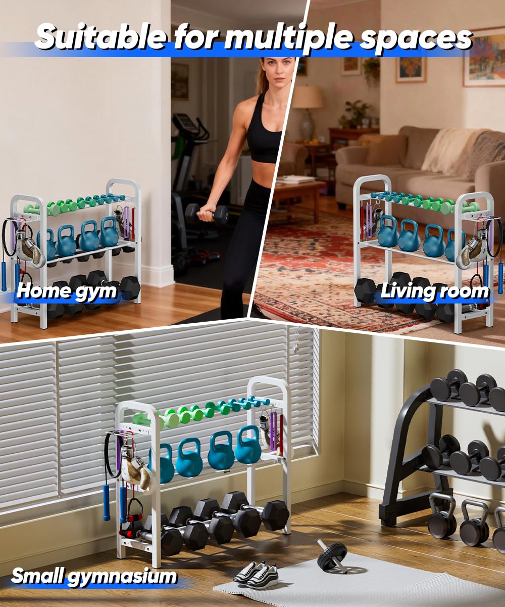 Ansionsol 3-Tier Adjustable Dumbbell Rack, Weight Storage Stand Holder for Dumbbells & Kettlebells, Heavy-Duty Home Gym Organizer with 6 Hook for Home Gym Equipment Accessories, White(Rack Only)