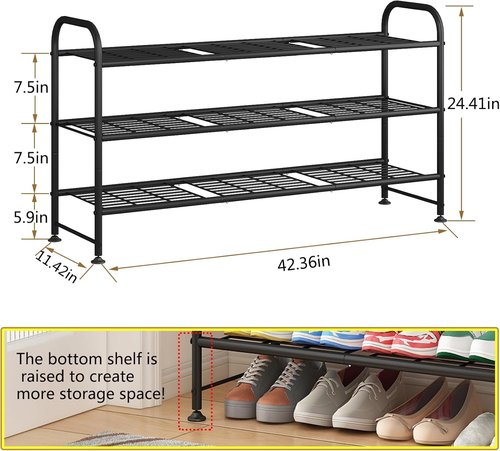 LINZINAR Shoe Rack - 3-Tier Metal Organizer for Closet & Entryway | Stylish Black Design
