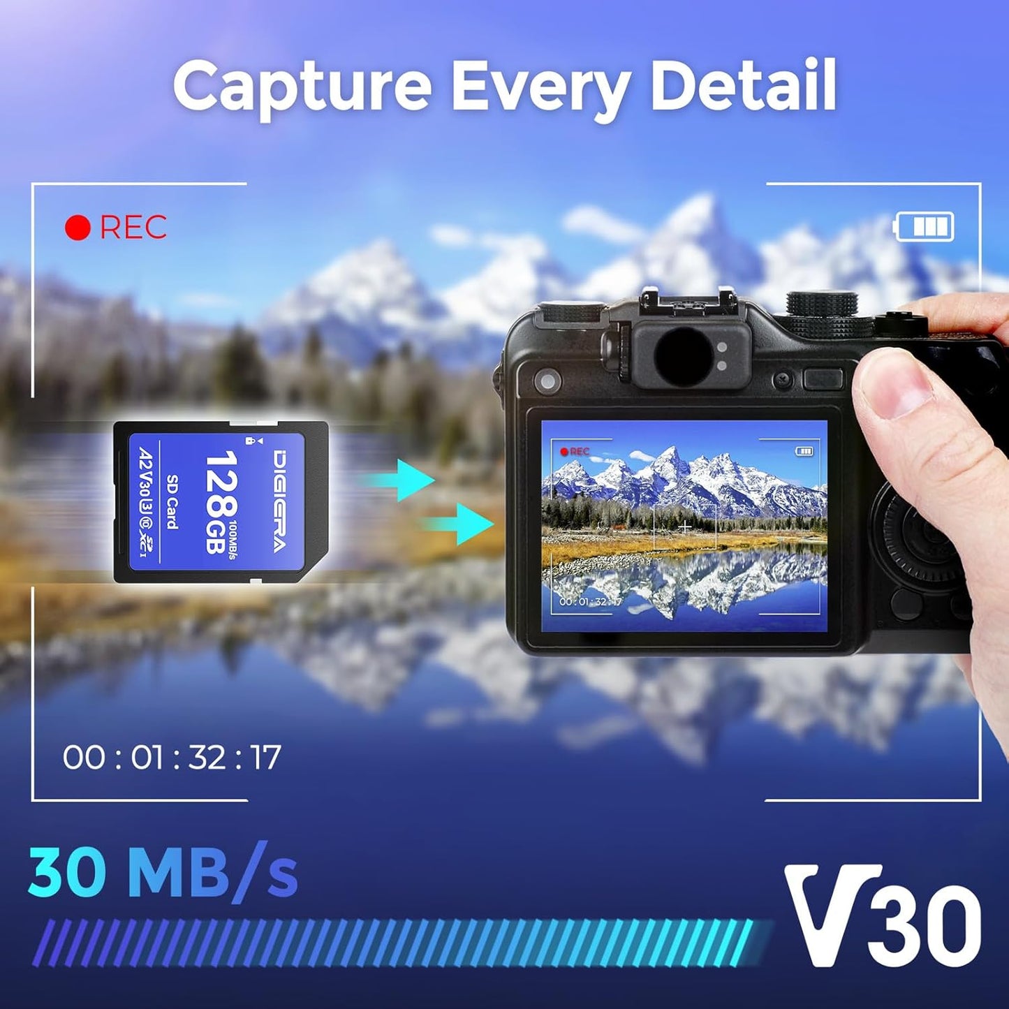 128GB CS100 100MB/s, C10, U3, V30, 4K (1 Pack) DIGIERA SDXC UHS-I Memory Card - up to UHD, SD Card for Computers